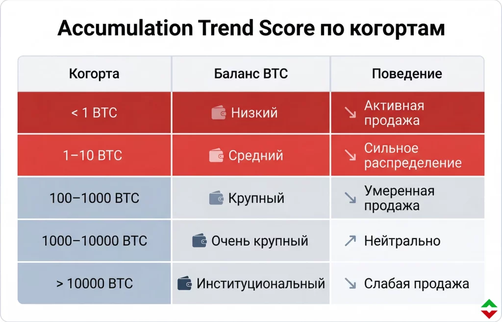 Розничные инвесторы распродают BTC на падении цены 1 Accumulation trend score по когортам