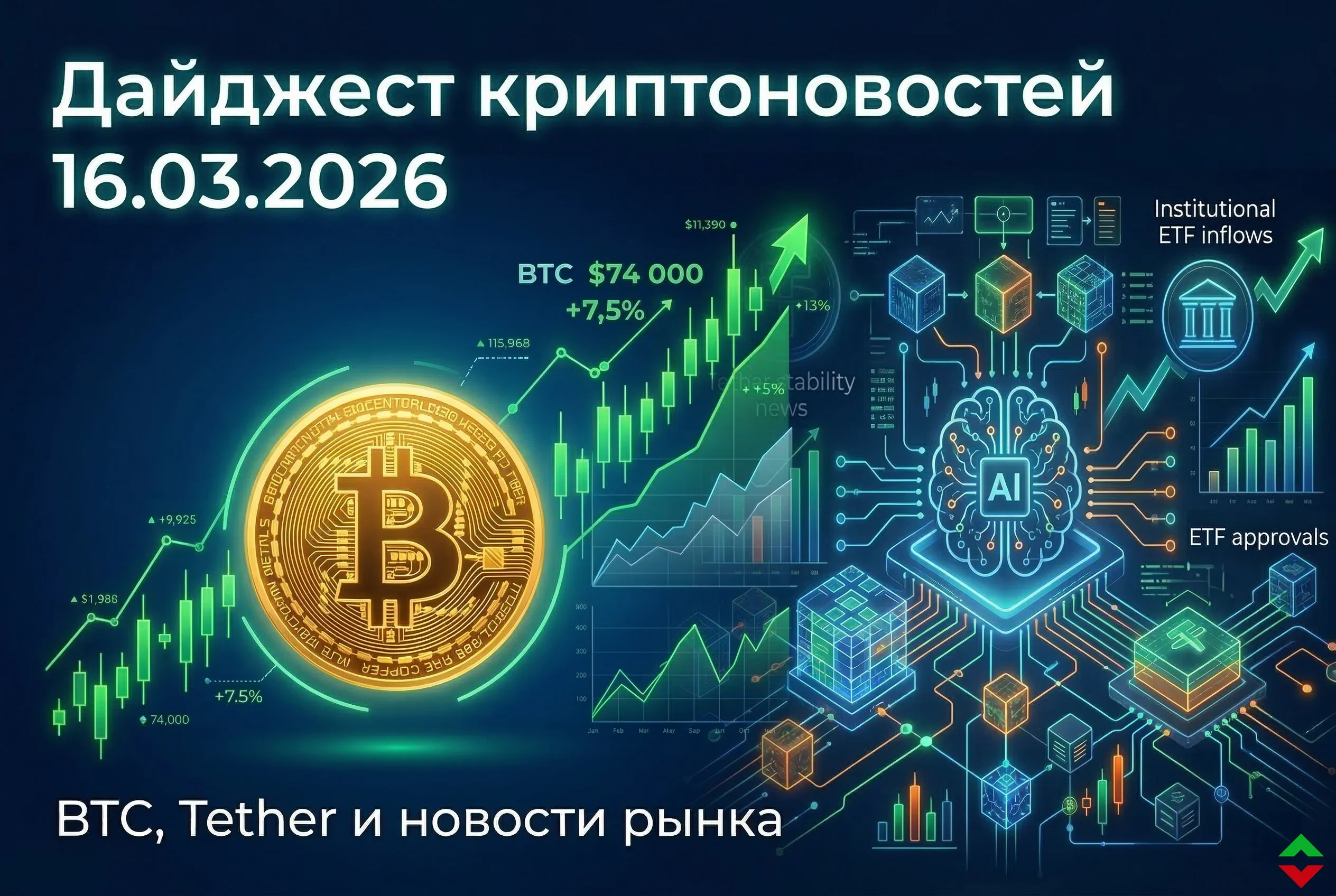 Дайджест криптоновостей за 16.03.2026: рост BTC и планы Tether AI