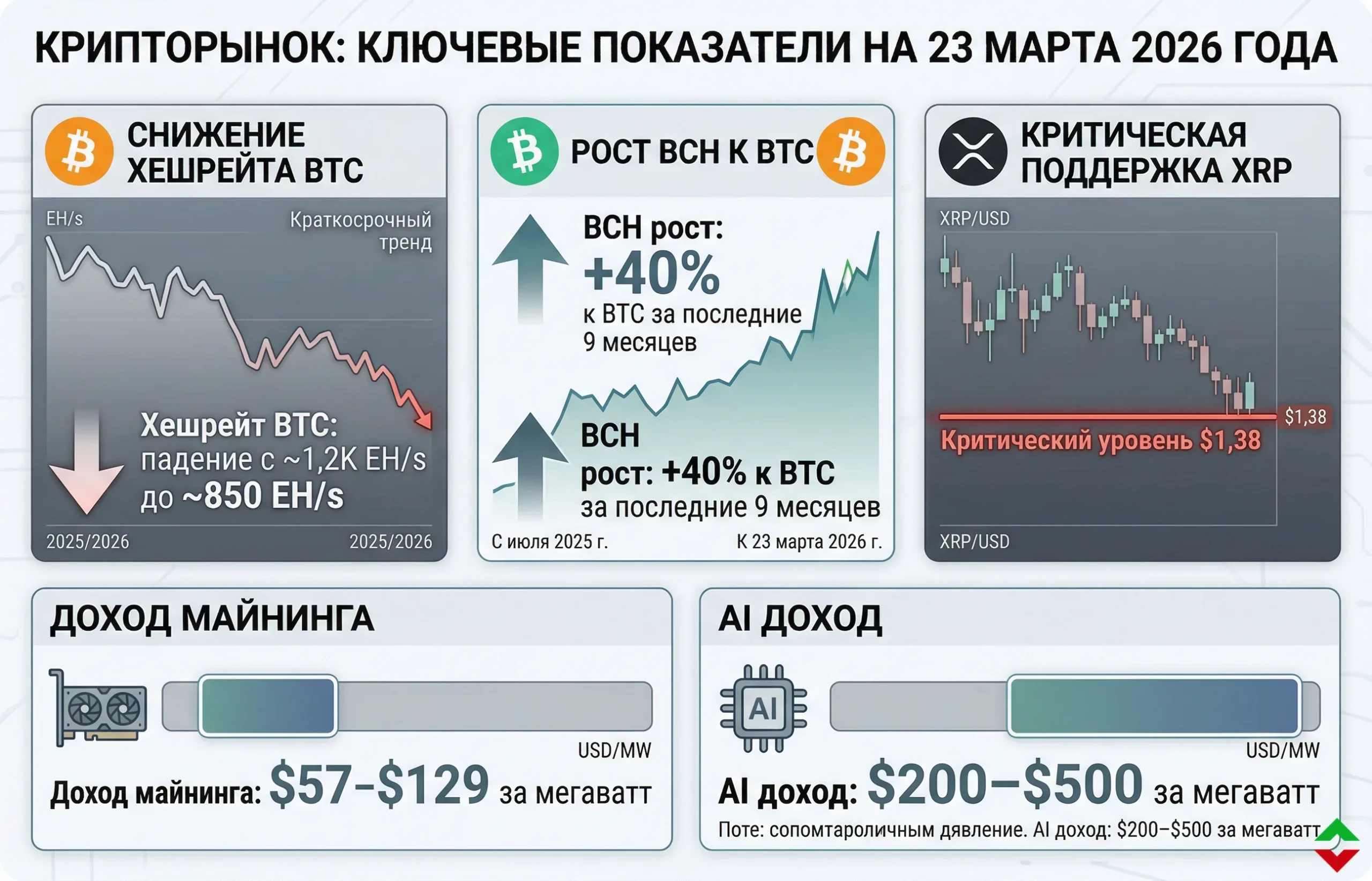 Дайджест криптоновостей за 23.03.2026: хешрейт падает, рынок меняется