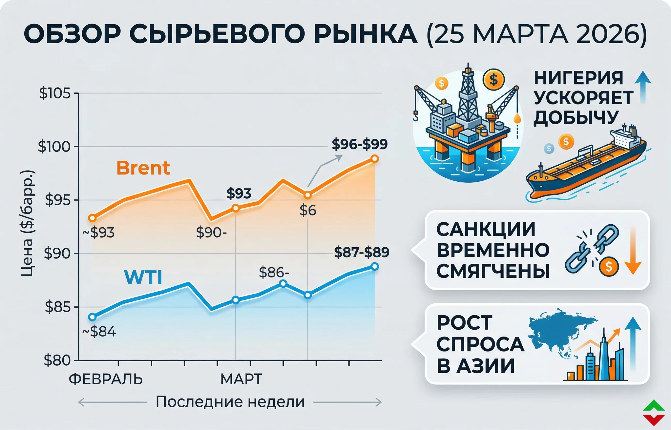 Дайджест сырьевого рынка за 25.03.2026: нефть, санкции и глобальные поставки
