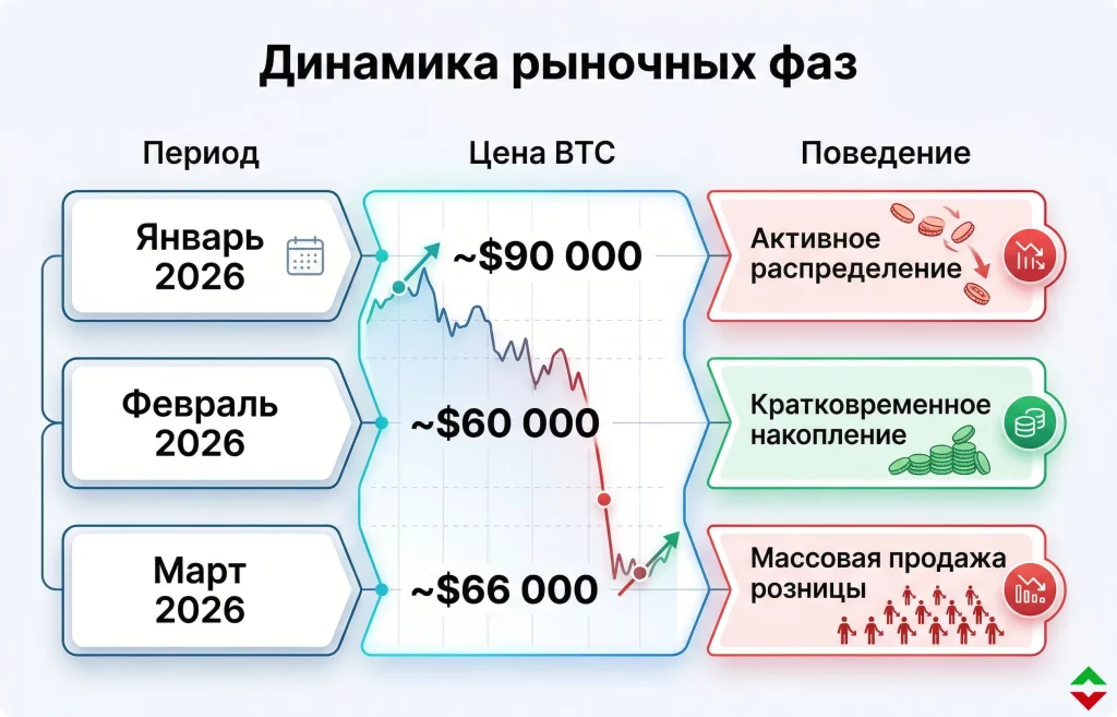 Розничные инвесторы распродают BTC на падении цены 2 Динамика рыночных фаз btc