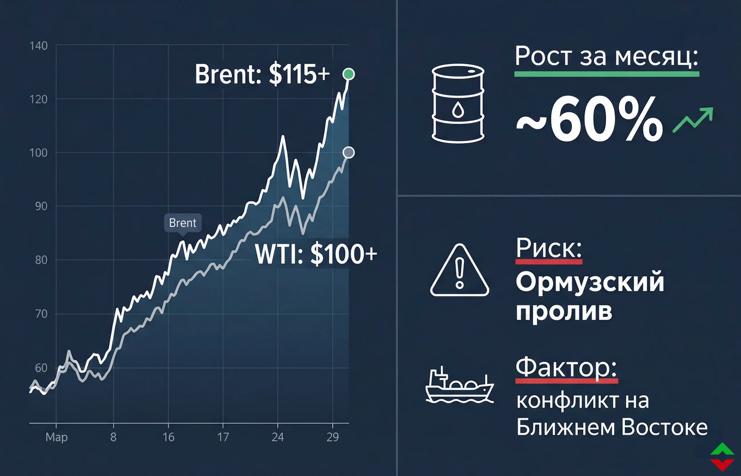 Нефть выше $115: Brent и WTI растут из-за войны