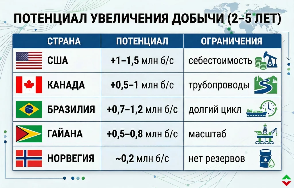 Кто сможет заместить нефть при длительной блокировке Ормуза 2 Потенциал увеличения добычи нефти
