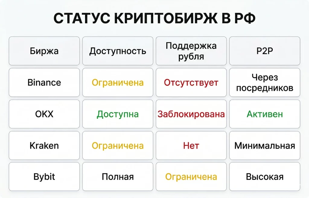 Крипто-занавес: новое регулирование криптовалют в России 1 Статус доступности криптобирж в рф