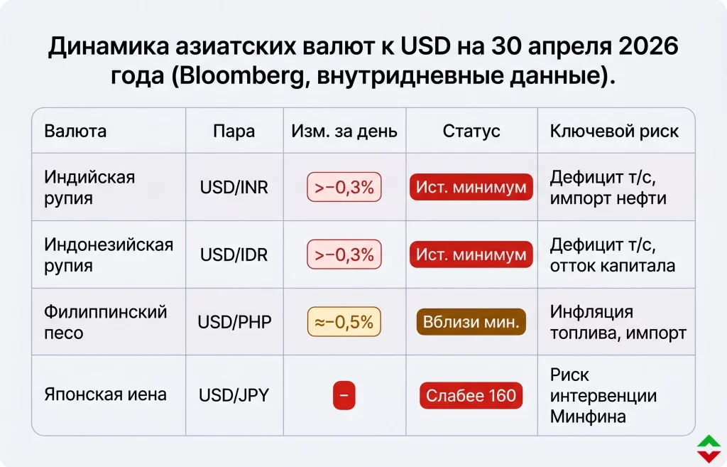 Азиатские валюты рекордно рухнули из-за нефти $120+ 1 Динамика азиатских валют 30.04.2026