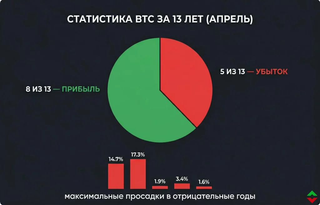 Перспективы курса Bitcoin в апреле: циклы и геополитика 1 Динамика доходности btc в апреле за последние 13 лет