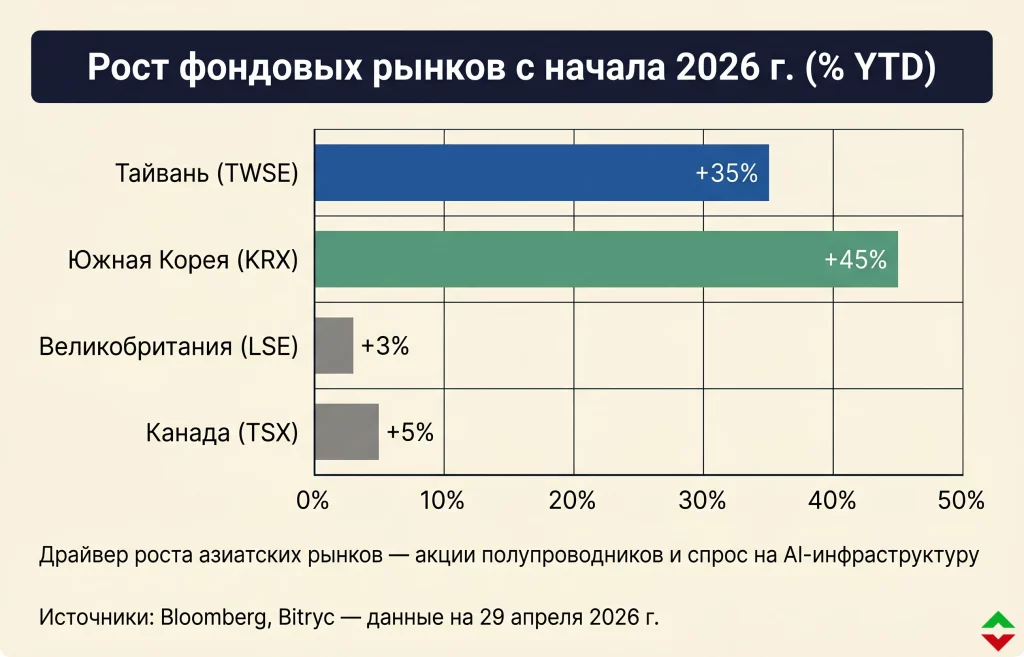 Почему Тайвань обогнал Канаду на фондовом рынке в 2026? 2 Динамика роста рынков с начала 2026 года