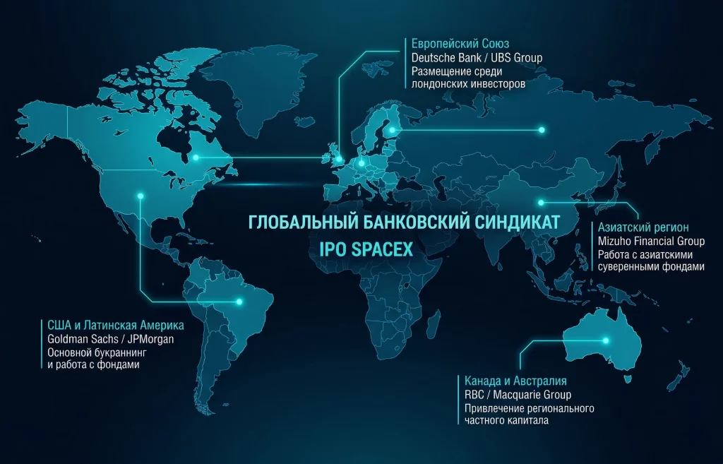 IPO SpaceX: Илон Маск готовит крупнейший листинг в истории 2 География участия банковских групп в подготовке размещения распределена по ключевым рынкам капитала