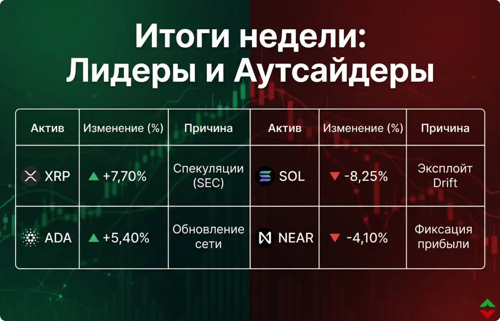 Дайджест криптовалютного рынка за 06.04.2026: BTC и новые горизонты 3 Лидеры роста и падения (top 100) за неделю (30.03 06.04.2026)