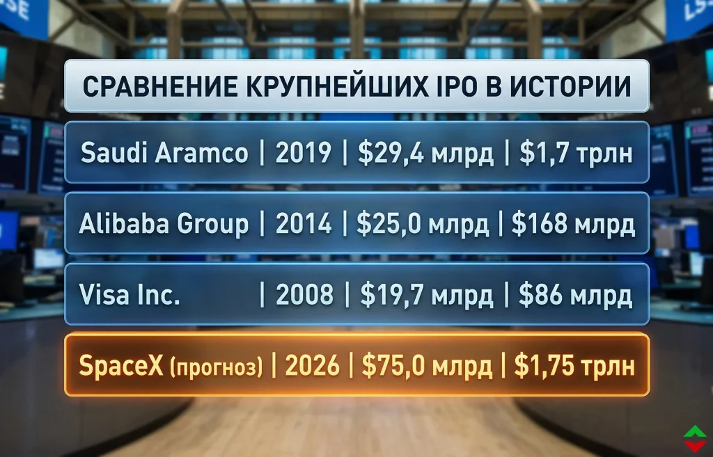 IPO SpaceX: Илон Маск готовит крупнейший листинг в истории 1 Сравнение планируемых показателей spacex с историческими лидерами рынка ipo