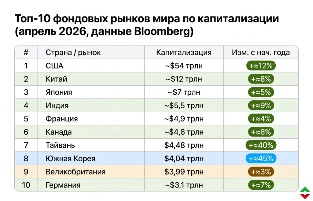 Фондовый рынок Южной Кореи обошел Британский: рывок на 45% за год 2 Топ 10 фондовых рынков мира