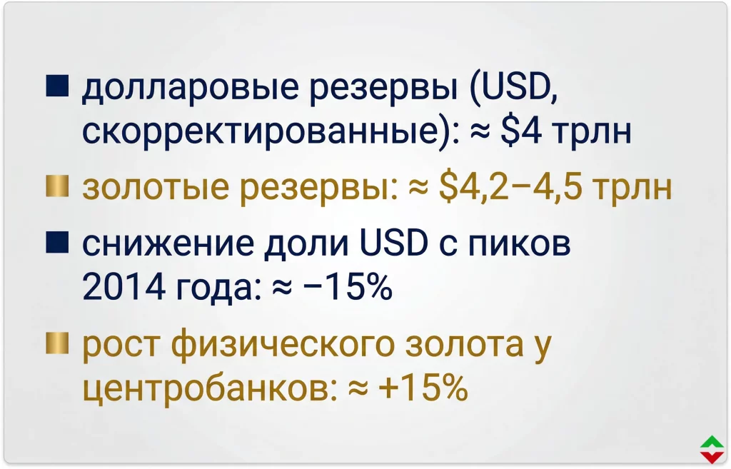USD теряет позиции: золото перехватывает рынок резервов 1 Золото впервые опережает долларовые резервы