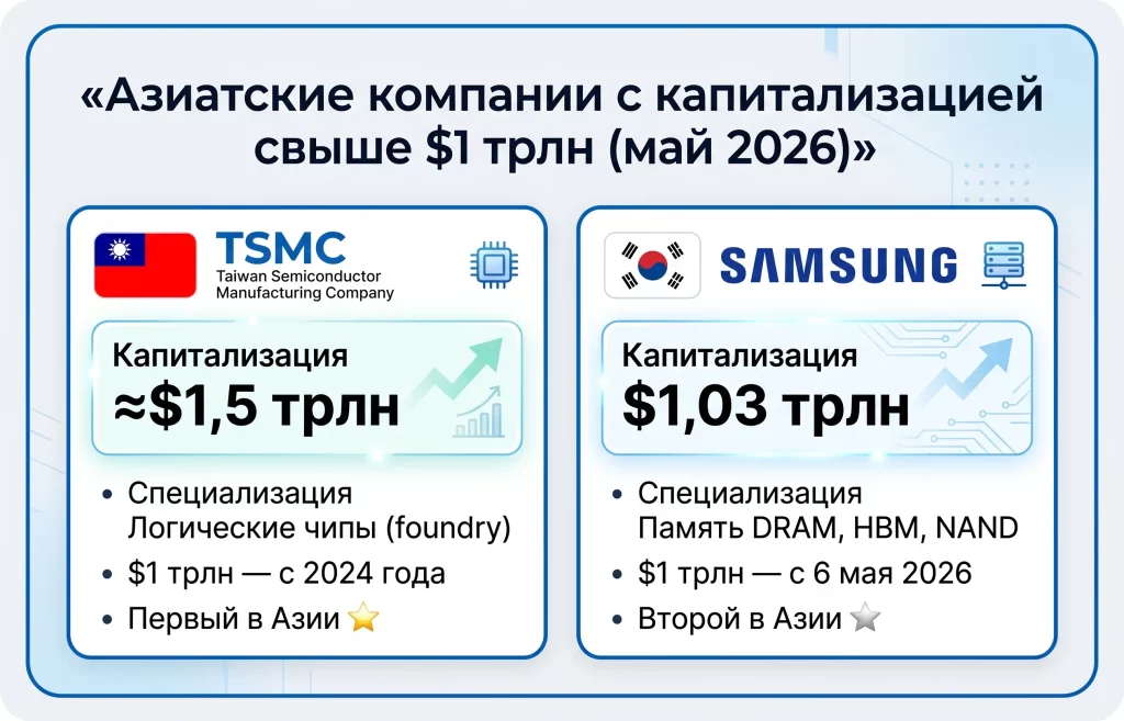 Капитализация Samsung превысила $1 трлн: вторая в Азии после TSMC 2 Азиатские компании с капитализацией свыше $1 трлн (май 2026)