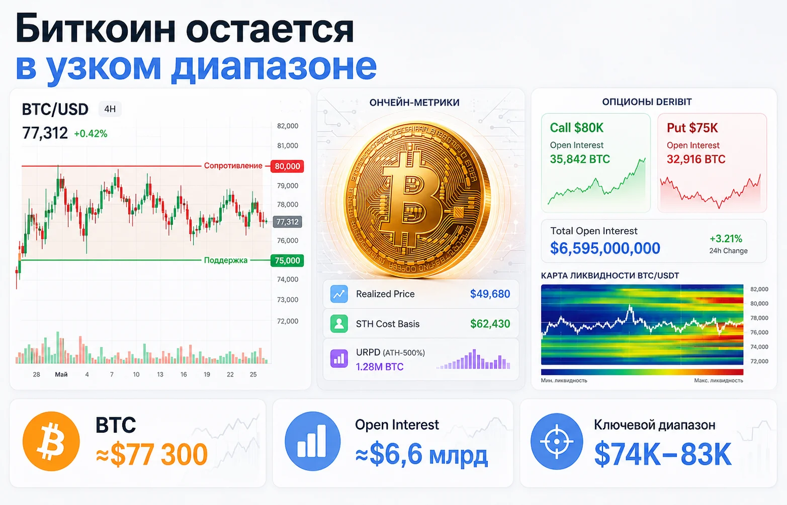Биткоин зажат между поддержкой и опционами на $6,6 млрд
