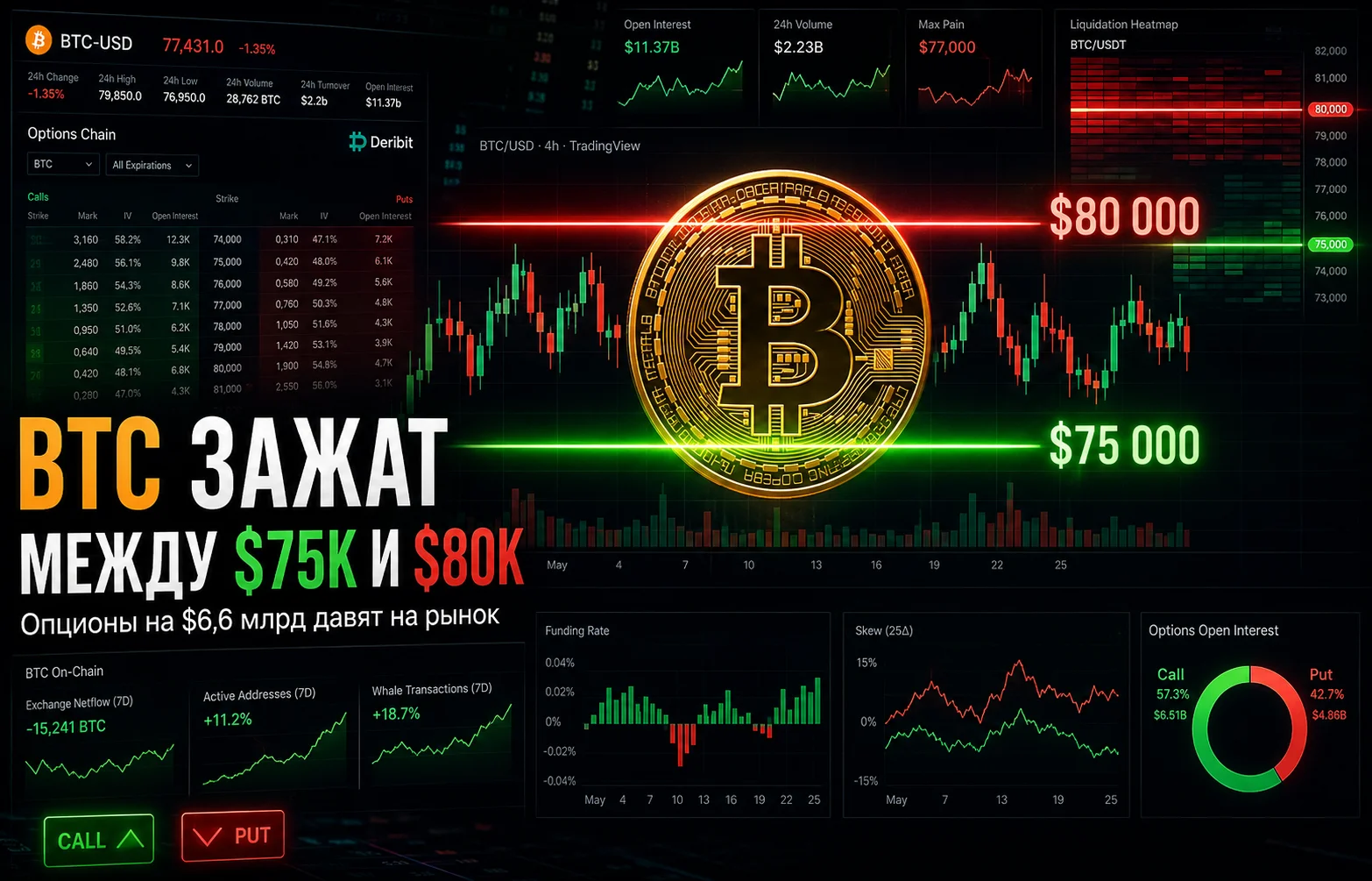 Биткоин зажат между поддержкой и опционами на $6,6 млрд