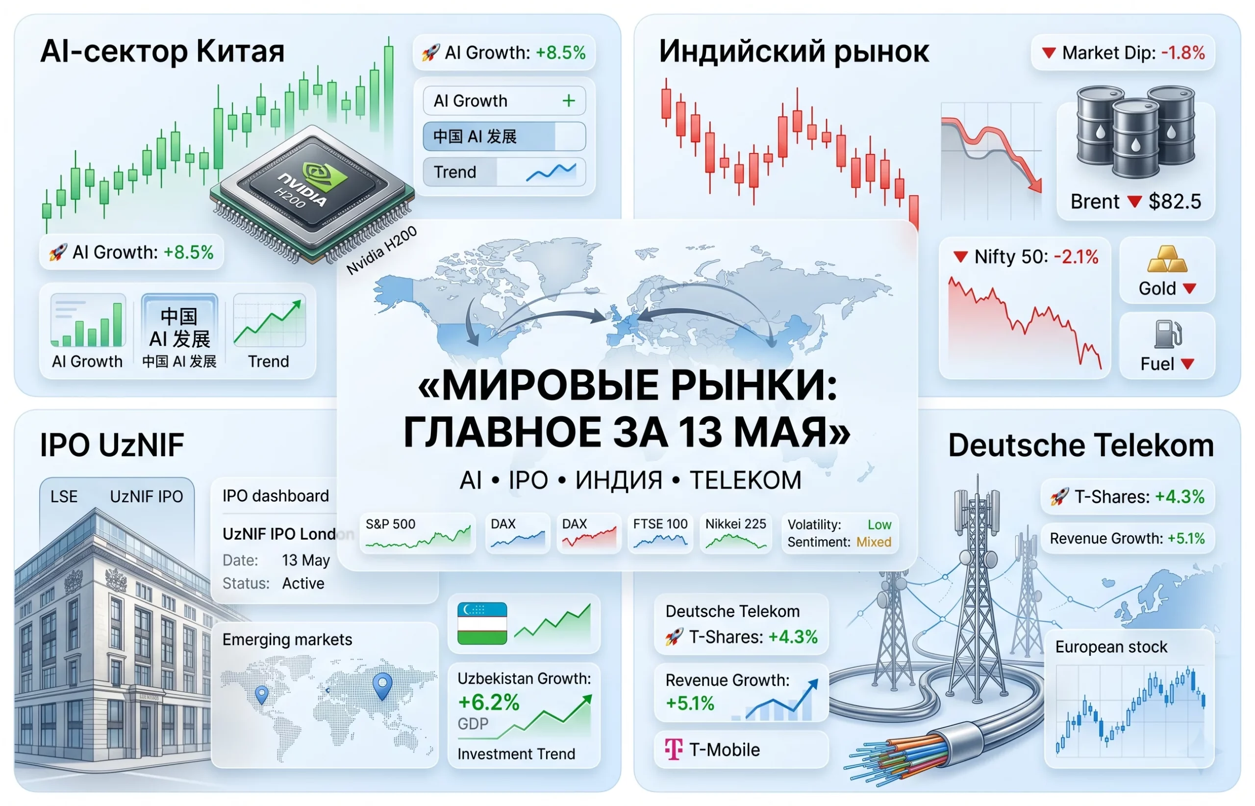 Дайджест фондового рынка за 13.05.2026: ИИ Китая, Индия и Deutsche Telekom