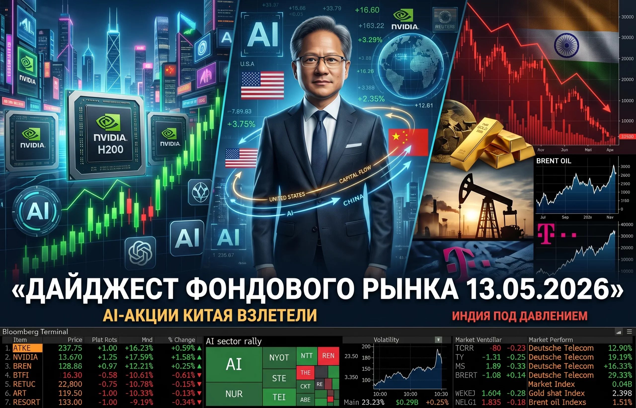 Дайджест фондового рынка за 13.05.2026: ИИ Китая, Индия и Deutsche Telekom
