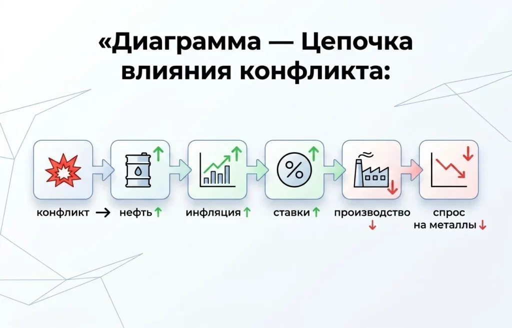 Нефть и конфликт США–Иран обрушили цены на медь 2 Диаграмма цепочка влияния конфликта на цены на медь