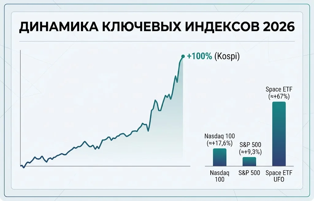 Дайджест фондового рынка за 27.05.2026: AI, космос и ралли Азии 1 Динамика ключевых индексов в 2026 году