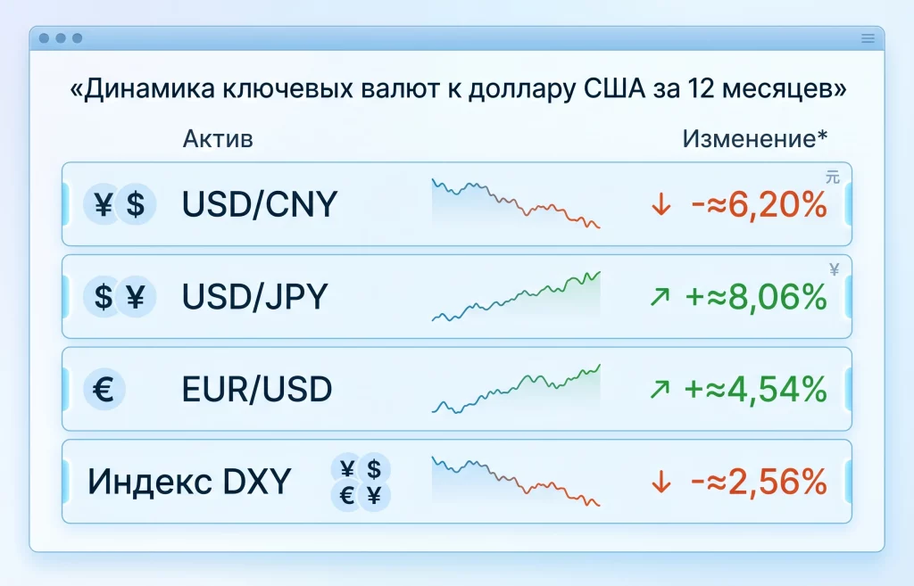 Goldman Sachs предупреждает о недооценке юаня на 20% 2 Динамика ключевых валют к доллару сша за последние 12 месяцев