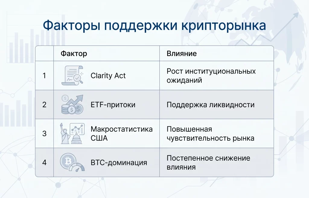 Дайджест криптоновостей за 11.05.2026: альтсезон начался 5 Факторы поддержки крипторынка май 2026
