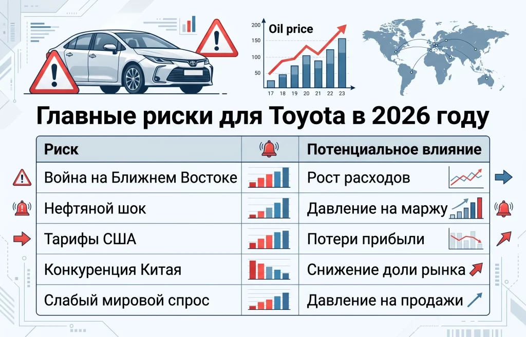 Toyota предупредила о потерях в $4,3 млрд из-за войны 4 Главные риски для toyota в 2026 году