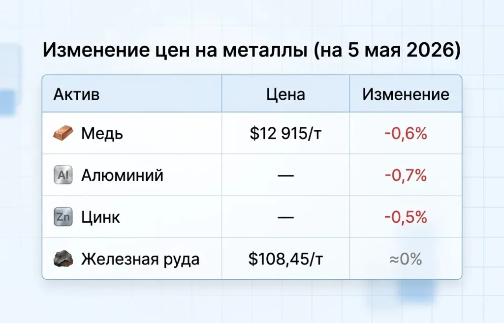 Нефть и конфликт США–Иран обрушили цены на медь 1 Изменение цен на металлы (на 5 мая 2026)