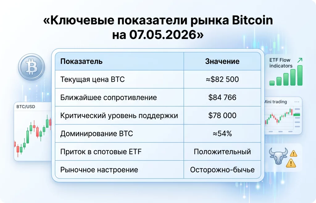 Рост Bitcoin выше $82 000 вызвал сомнения у аналитиков 1 Ключевые показатели рынка bitcoin на 07.05.2026