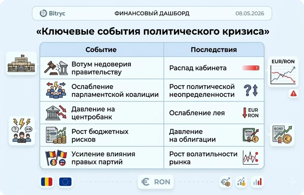 Политический кризис в Румынии: курс лея рекордно обвалился 1 Ключевые события политического кризиса в румынии 08.05.2026