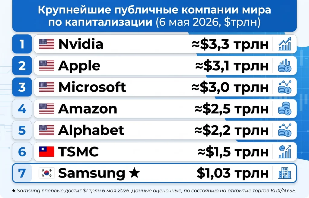 Капитализация Samsung превысила $1 трлн: вторая в Азии после TSMC 4 Крупнейшие публичные компании мира по капитализации (6 мая 2026, $трлн)