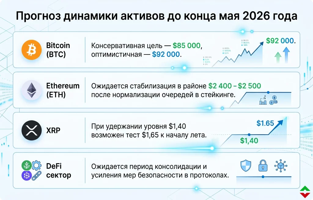 Прогноз динамики криптоактивов до конца мая 2026 года