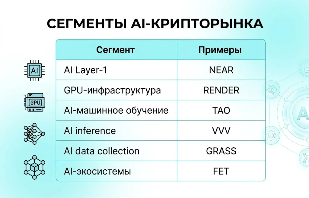 AI-токены взлетели на фоне стагнации BTC 3 Сегменты ai крипторынка