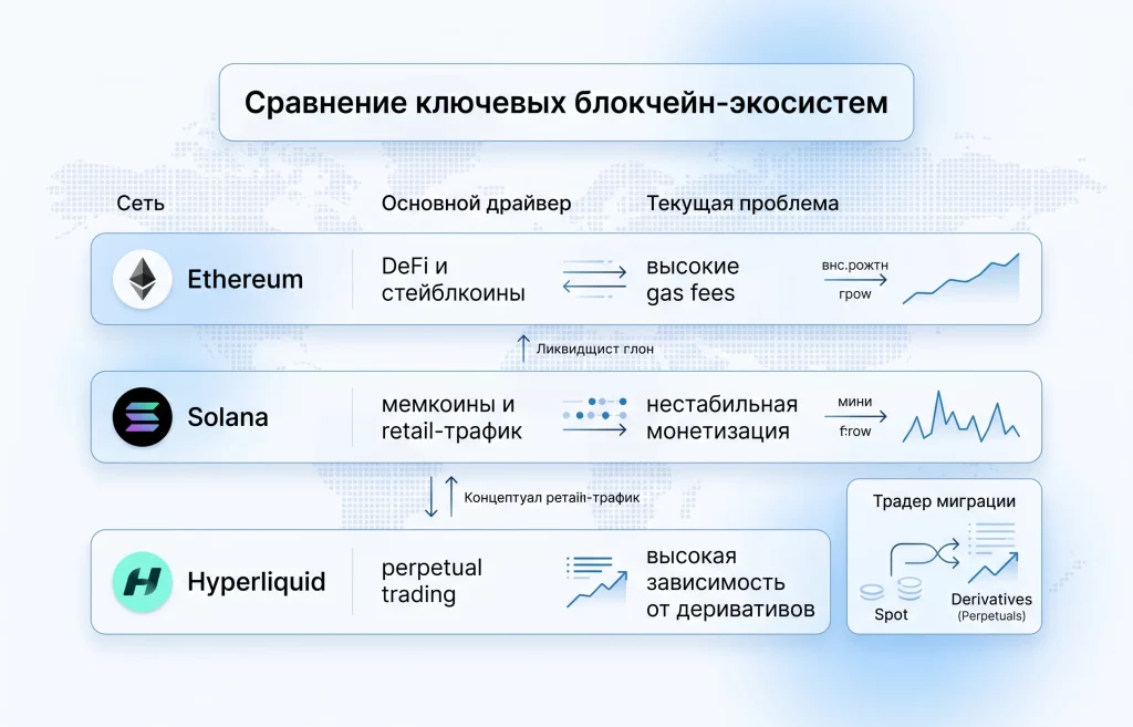 Hyperliquid обошел Ethereum и Solana по доходам от комиссий 2 Сравнение ключевых блокчейн экосистем