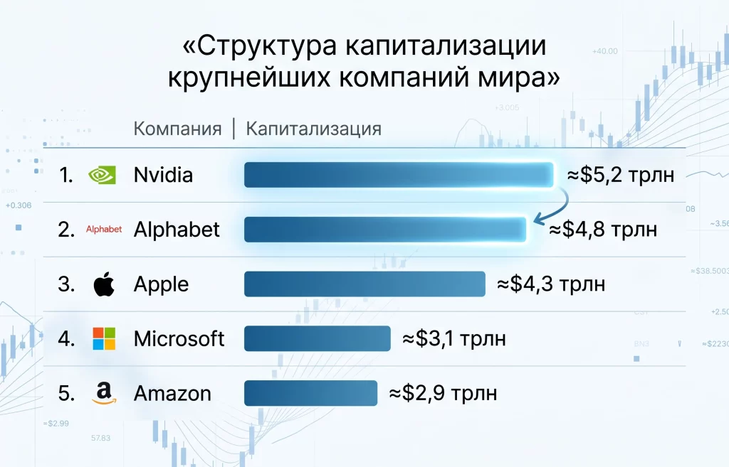 Alphabet рвётся к №1 в мире: AI меняет расстановку сил 2 Структура капитализации крупнейших компаний мира