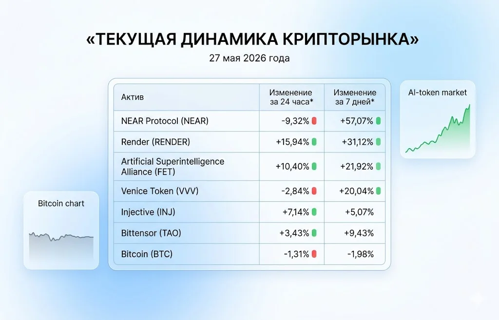 AI-токены взлетели на фоне стагнации BTC 1 Текущая динамика крипторынка (27 мая 2026 года)