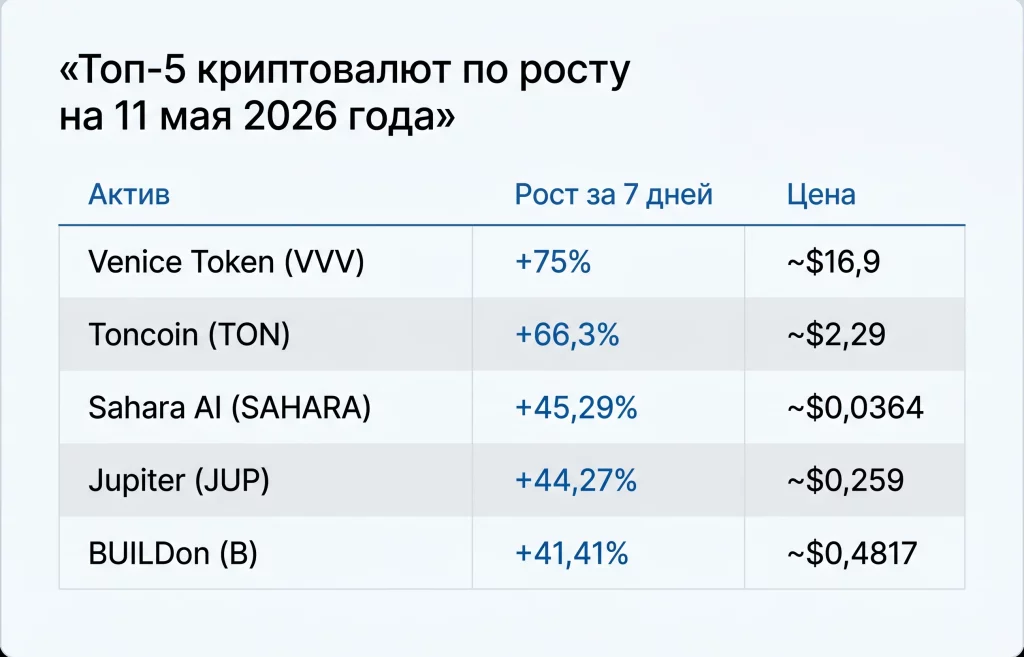 Дайджест криптоновостей за 11.05.2026: альтсезон начался 2 Топ 5 криптовалют по росту на 11 мая 2026 года