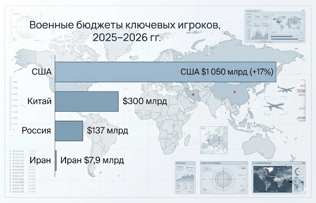 Военные технологии 2026: новый расклад сил 2 Военные бюджеты ключевых игроков, 2025–2026 гг png