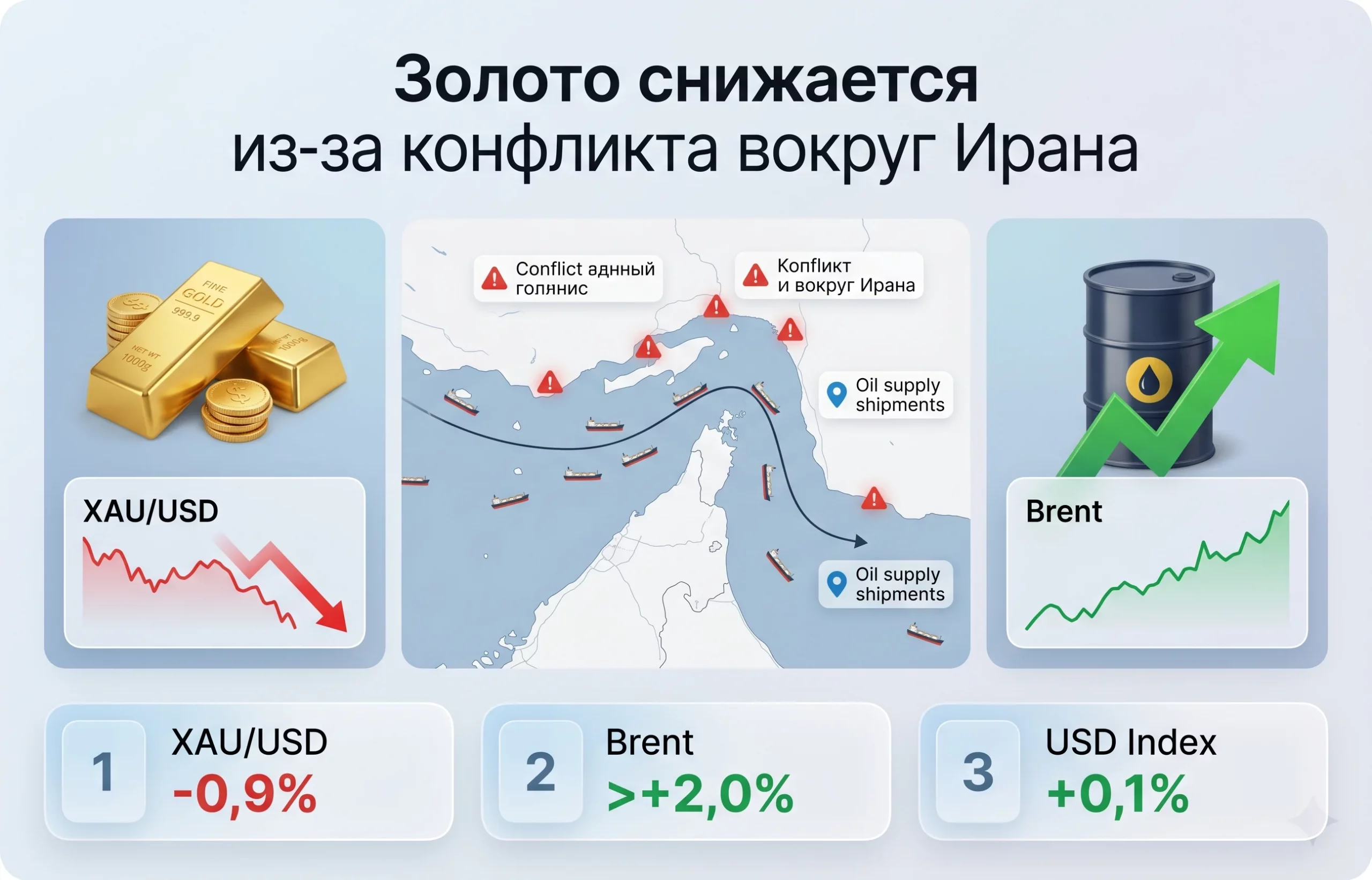 Золото падает из-за ударов США и роста нефти