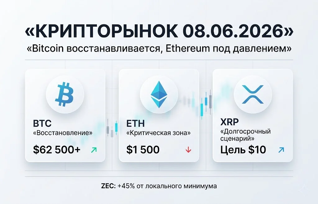 Дайджест криптоновостей за 08.06.2026: в фокусе BTC, ETH, Zcash, XRP