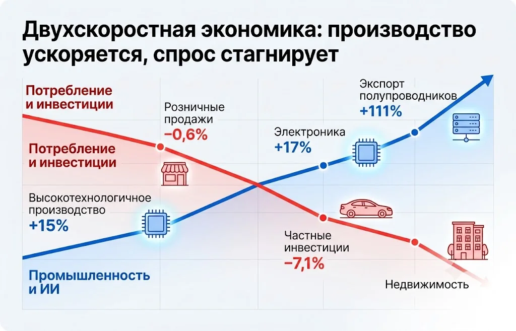 Экономика Китая: первый обвал потребления с эпохи COVID 2 Двухскоростная экономика производство ускоряется, спрос стагнирует