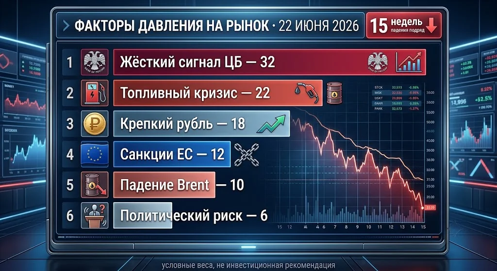 Обвал Мосбиржи 22 июня: рынок рухнул до минимума 2023 года 4 Факторы давления на рынок · 22 июня 2026