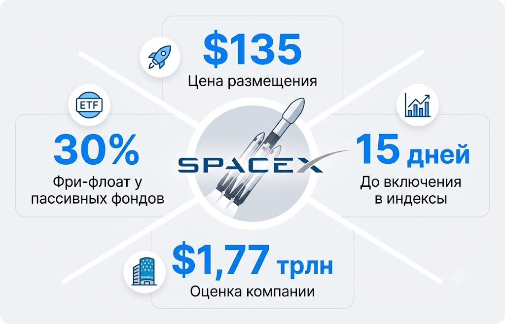IPO SpaceX: 30% акций могут перейти индексным фондам