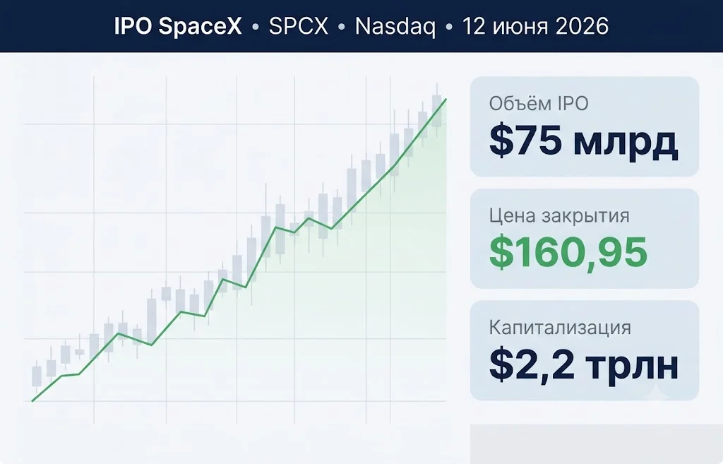 SpaceX после IPO: +19% за день и капитализация $2,2 трлн