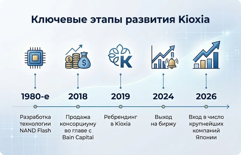 Kioxia обошла Toyota: как ИИ меняет корпоративную Японию 4 Ключевые этапы развития kioxia