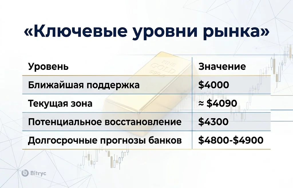 Золото упало ниже $4100: почему банки ухудшают прогнозы? 4 Ключевые уровни рынка