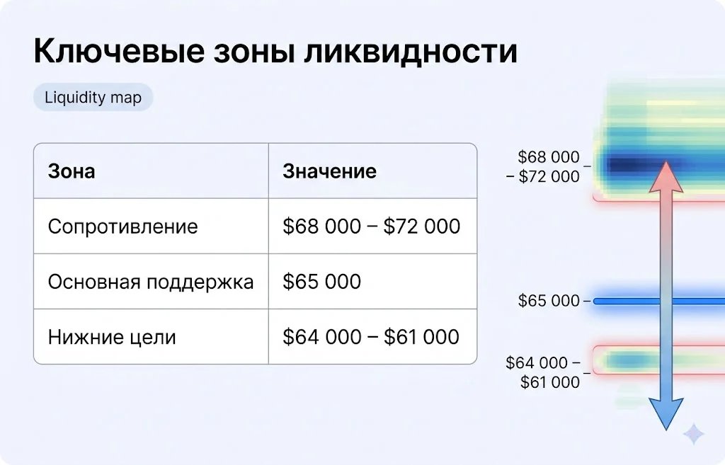 Bitcoin падает к $65 000: ликвидации усилили обвал рынка 3 Ключевые зоны ликвидности btc