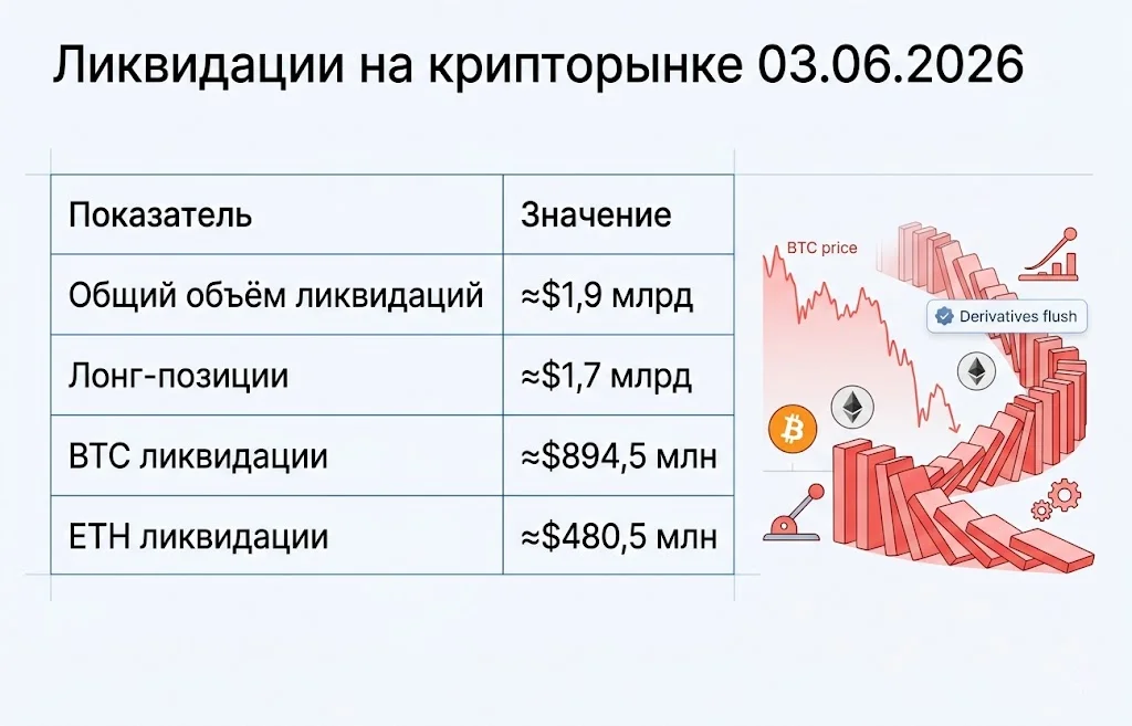 Bitcoin падает к $65 000: ликвидации усилили обвал рынка 1 Ликвидации на крипторынке 03.06.2026