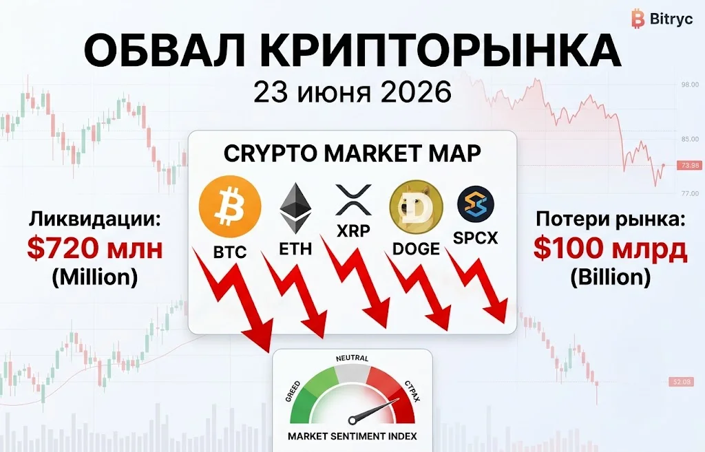 Обвал крипторынка 23 июня 2026: BTC, ETH и XRP рухнули