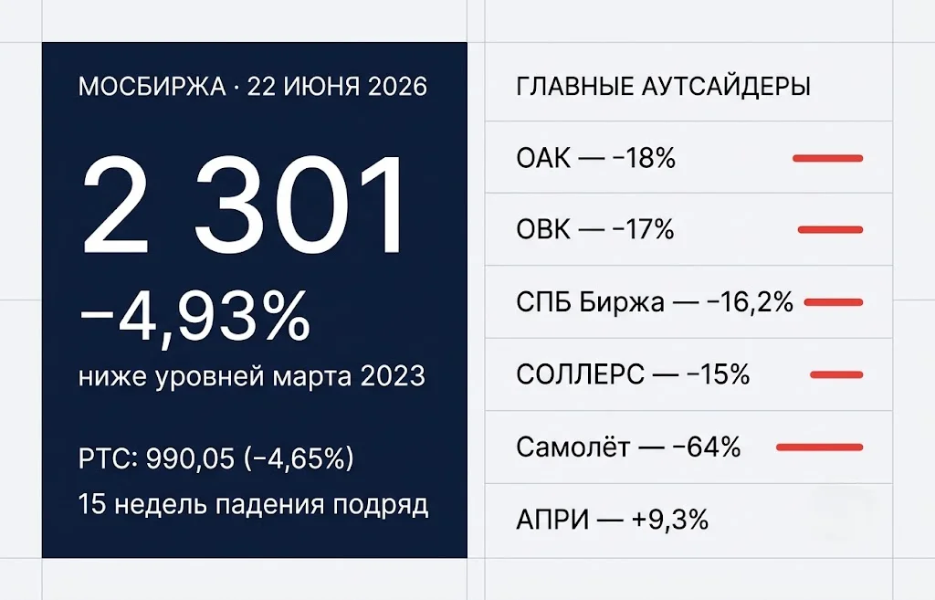 Обвал Мосбиржи 22 июня: рынок рухнул до минимума 2023 года