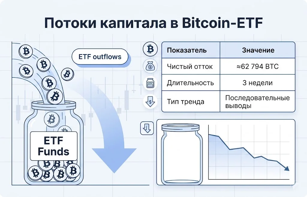 Bitcoin падает к $65 000: ликвидации усилили обвал рынка 2 Потоки капитала в bitcoin etf